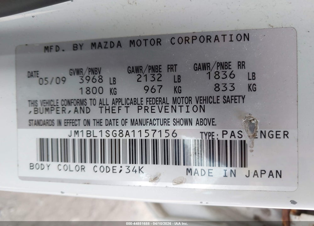 2010 MAZDA 3 I TOURING VIN: JM1BL1SG8A1157156