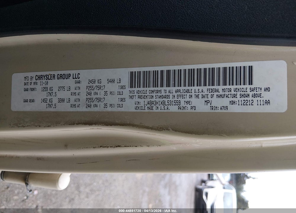 2011 JEEP WRANGLER UNLIMITED SPORT VIN: 1J4BA3H1XBL531559