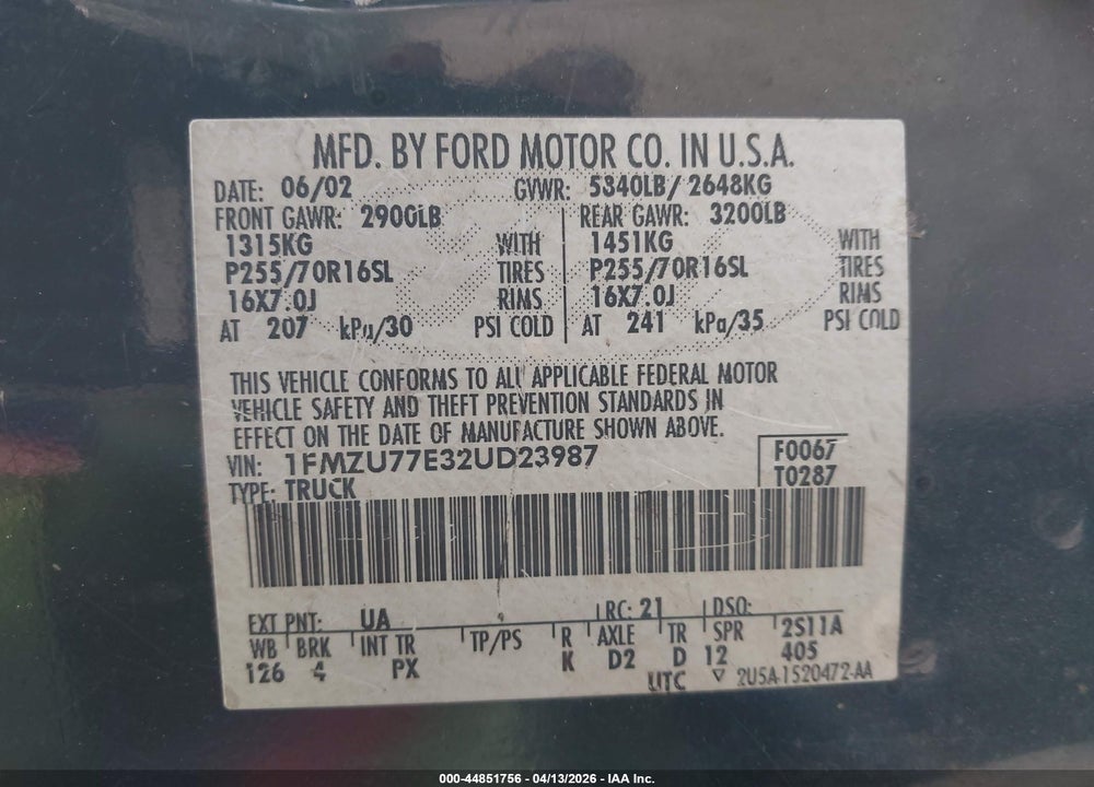2002 FORD EXPLORER SPORT TRAC CHOICE/PREMIUM/VALUE VIN: 1FMZU77E32UD23987
