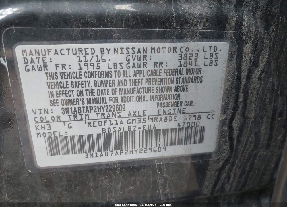 2017 NISSAN SENTRA S VIN: 3N1AB7AP2HY229609