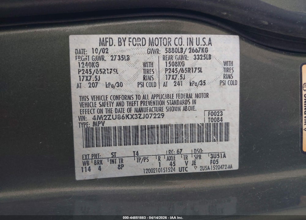 2003 MERCURY MOUNTAINEER VIN: 4M2ZU86KX3ZJ07229