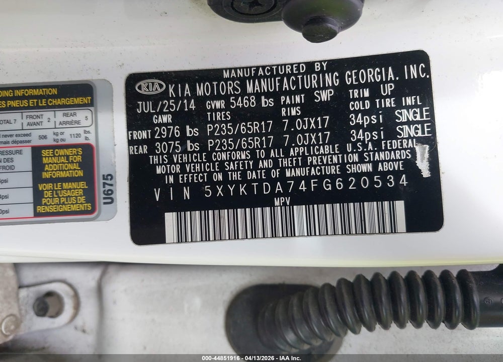 2015 KIA SORENTO LX V6 VIN: 5XYKTDA74FG620534