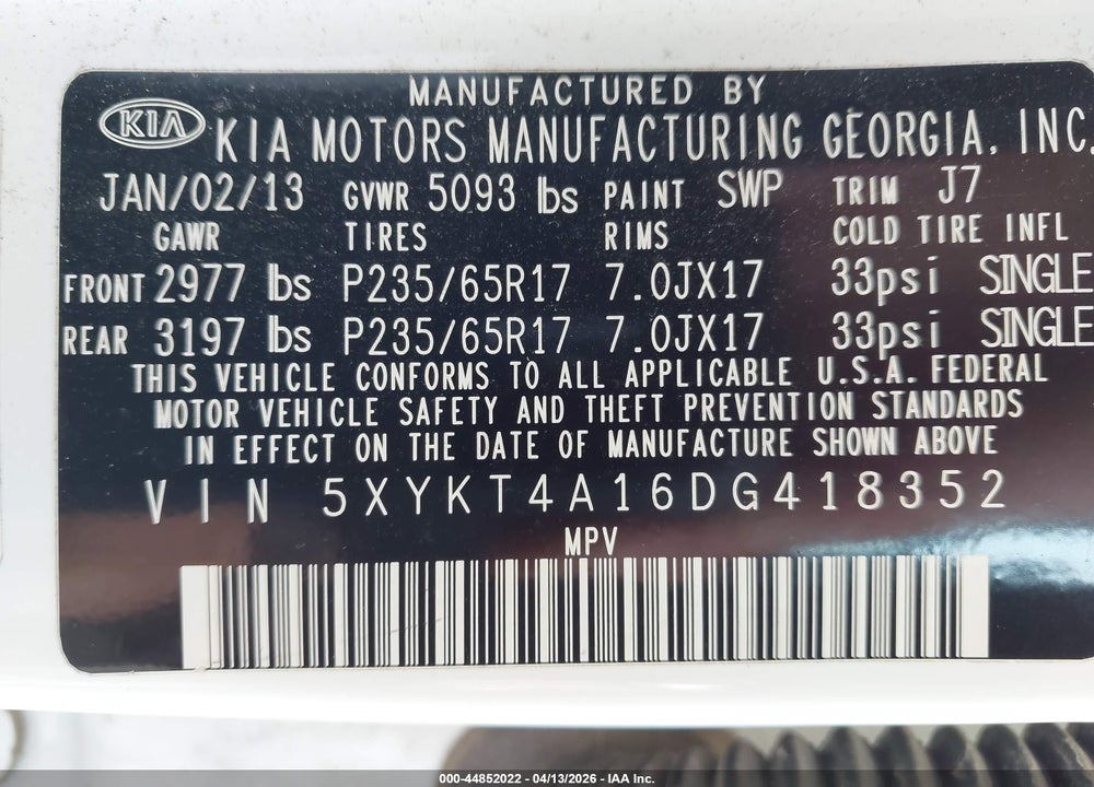 2013 KIA SORENTO LX VIN: 5XYKT4A16DG418352