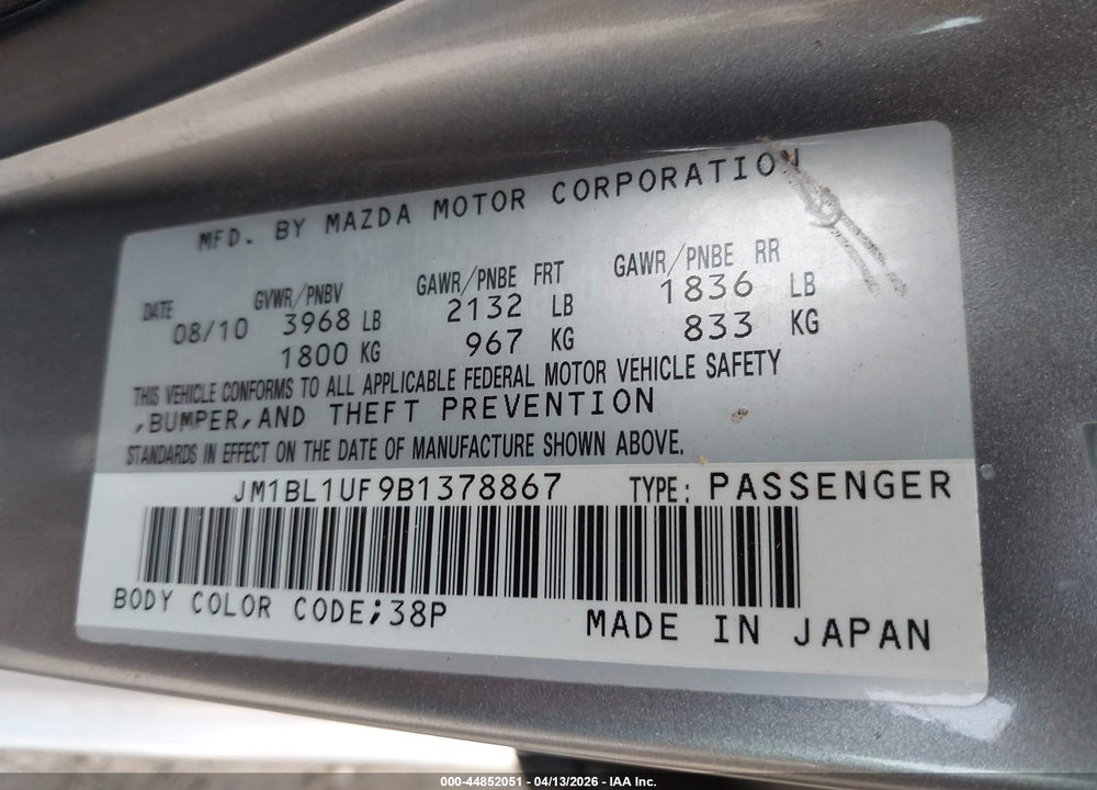 2011 MAZDA 3 I SPORT VIN: JM1BL1UF9B1378867