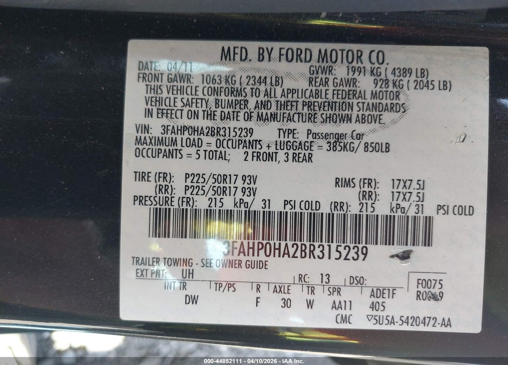 2011 FORD FUSION SE VIN: 3FAHP0HA2BR315239