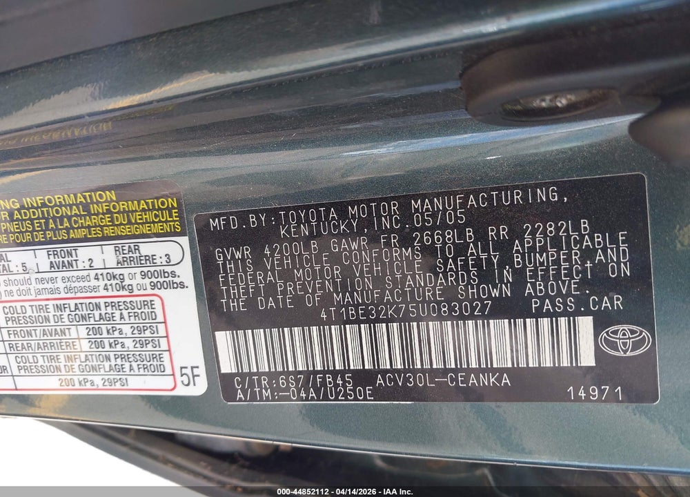 2005 TOYOTA CAMRY LE VIN: 4T1BE32K75U083027