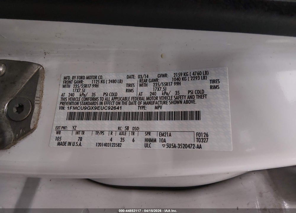2014 FORD ESCAPE SE VIN: 1FMCU9GX9EUC92641