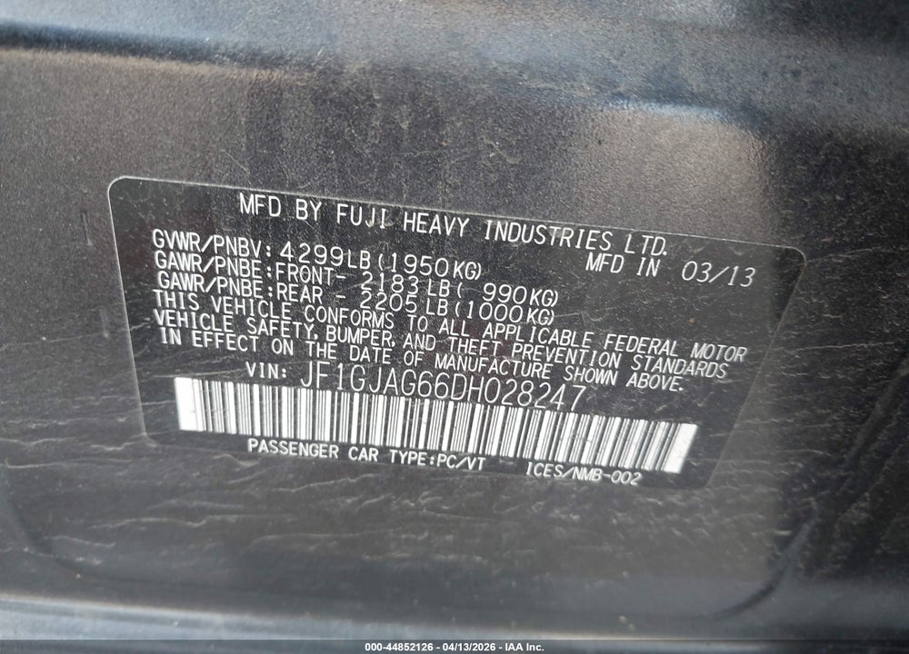 2013 SUBARU IMPREZA 2.0I LIMITED VIN: JF1GJAG66DH028247