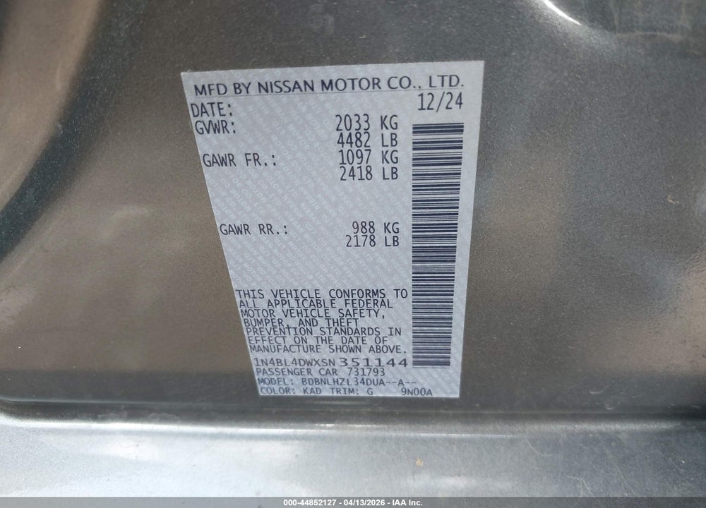 2025 NISSAN ALTIMA SV AWD VIN: 1N4BL4DWXSN351144