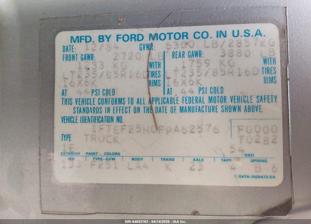 1985 FORD F250 VIN: 1FTEF25H0FPA62576