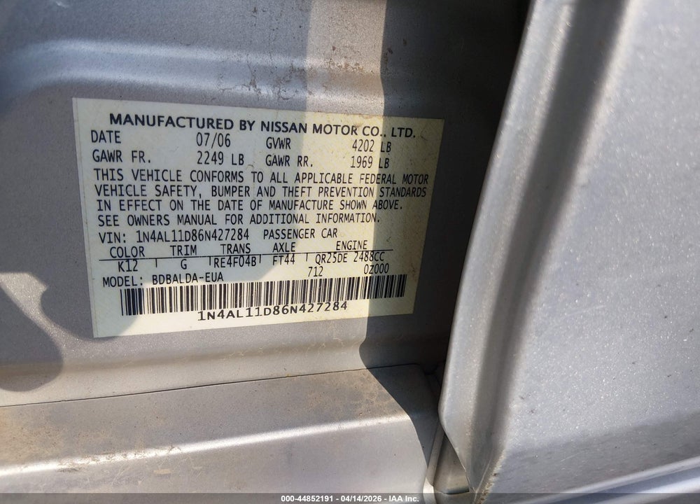 2006 NISSAN ALTIMA 2.5 S VIN: 1N4AL11D86N427284