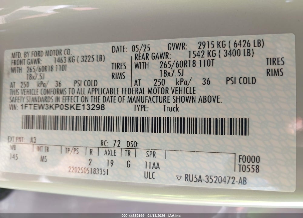2025 FORD F-150 XLT VIN: 1FTEW3KP0SKE13298