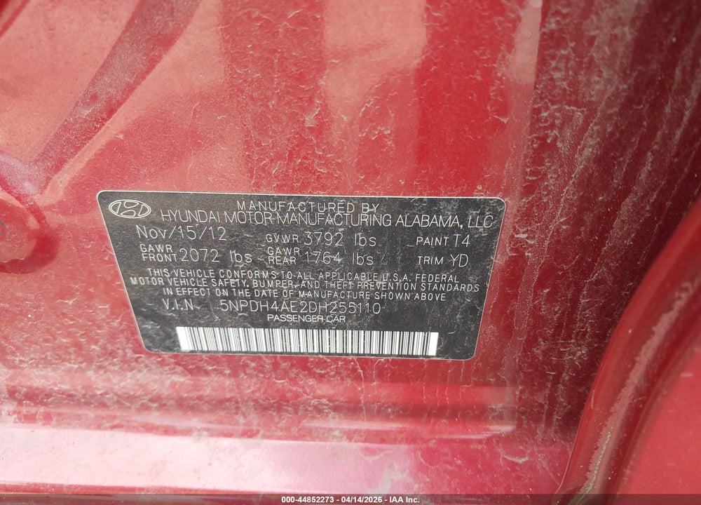 2013 HYUNDAI ELANTRA GLS VIN: 5NPDH4AE2DH255110