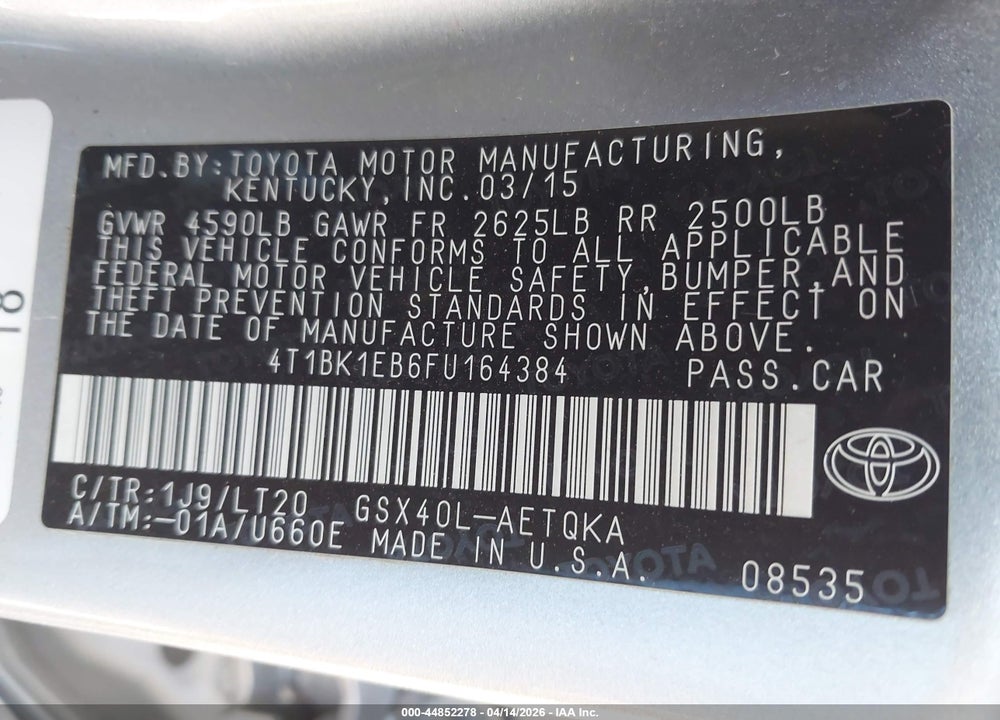 2015 TOYOTA AVALON XLE TOURING VIN: 4T1BK1EB6FU164384