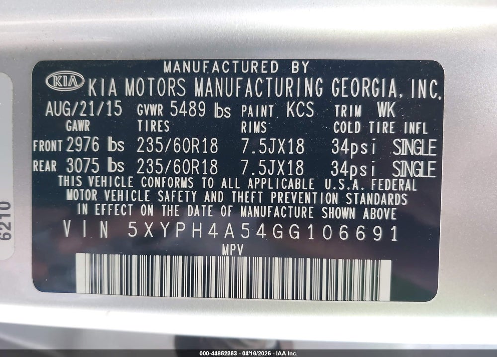 2016 KIA SORENTO 3.3L EX VIN: 5XYPH4A54GG106691
