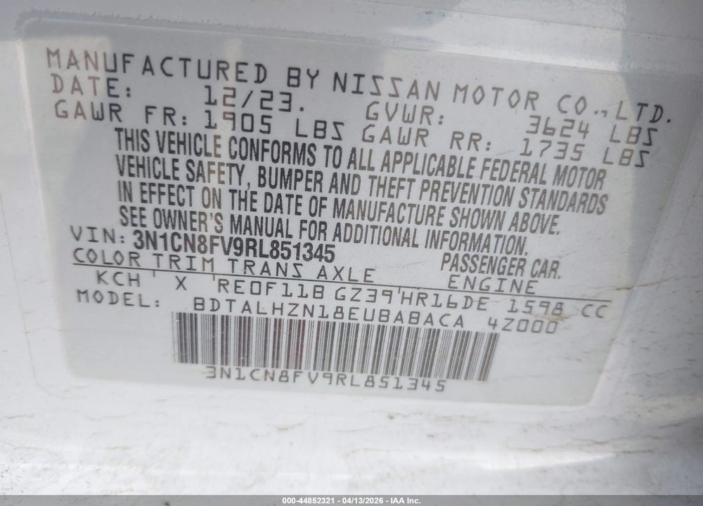 2024 NISSAN VERSA 1.6 SR VIN: 3N1CN8FV9RL851345