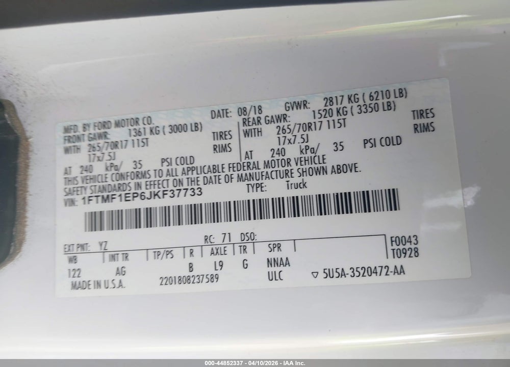 2018 FORD F-150 XL VIN: 1FTMF1EP6JKF37733
