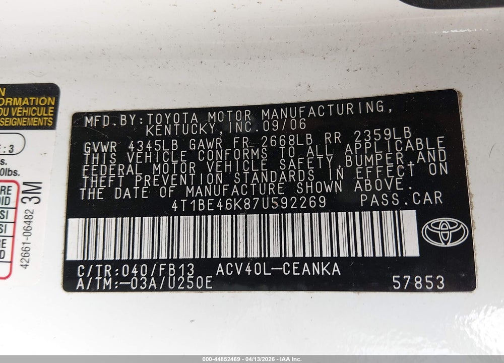2007 TOYOTA CAMRY CE VIN: 4T1BE46K87U592269