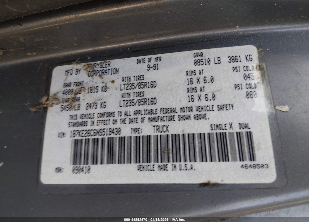 1992 DODGE D-SERIES D200/D250 VIN: 1B7KE26C6NS519430