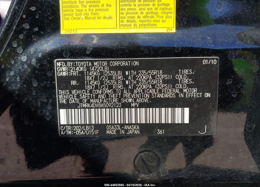 2010 TOYOTA RAV4 SPORT V6 VIN: JTMRK4DV8A5092123