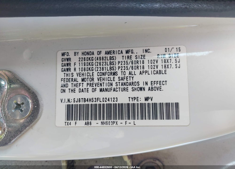2015 ACURA RDX VIN: 5J8TB4H53FL024123