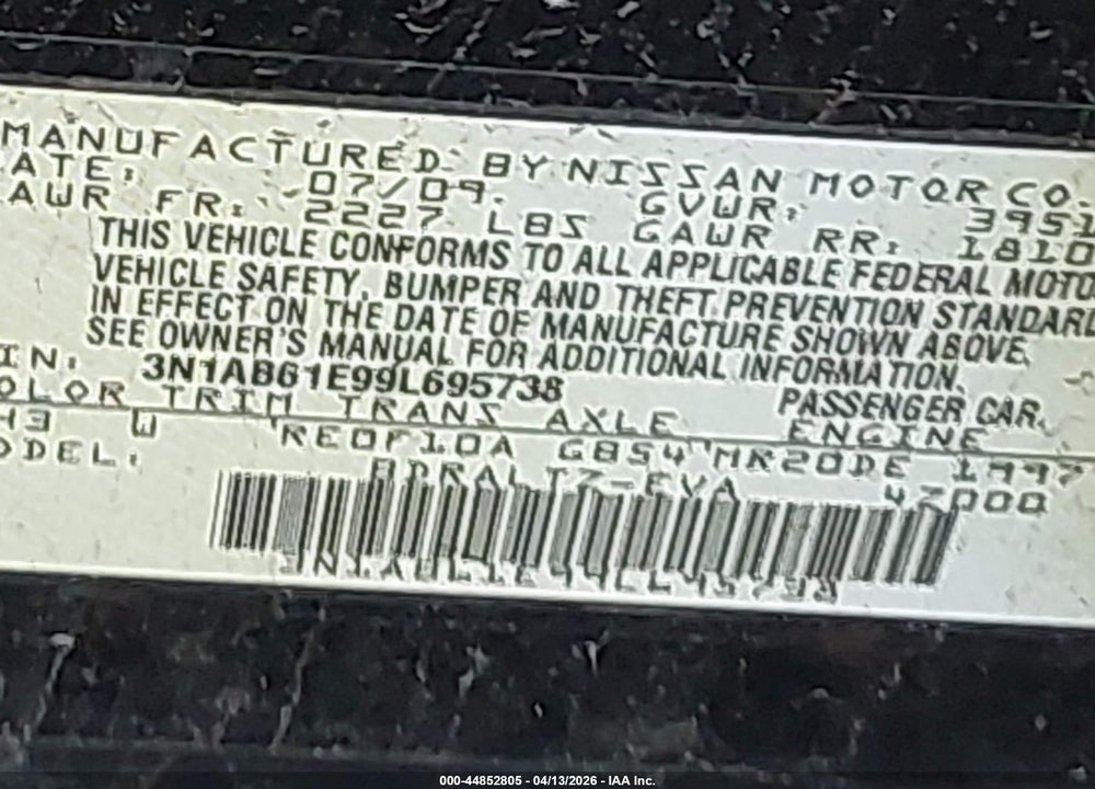 2009 NISSAN SENTRA 2.0SR VIN: 3N1AB61E99L695738