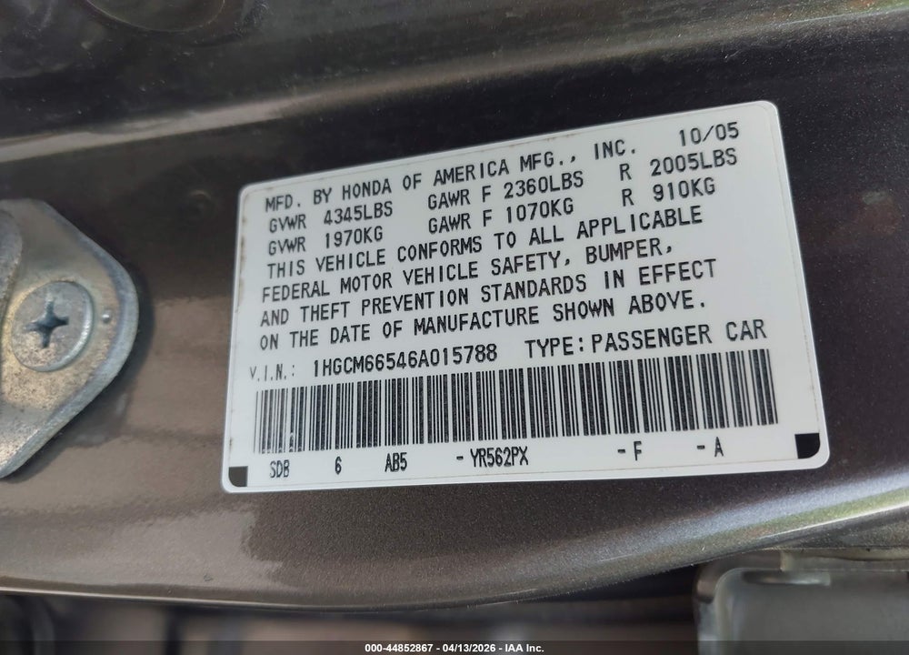 2006 HONDA ACCORD 3.0 EX VIN: 1HGCM66546A015788