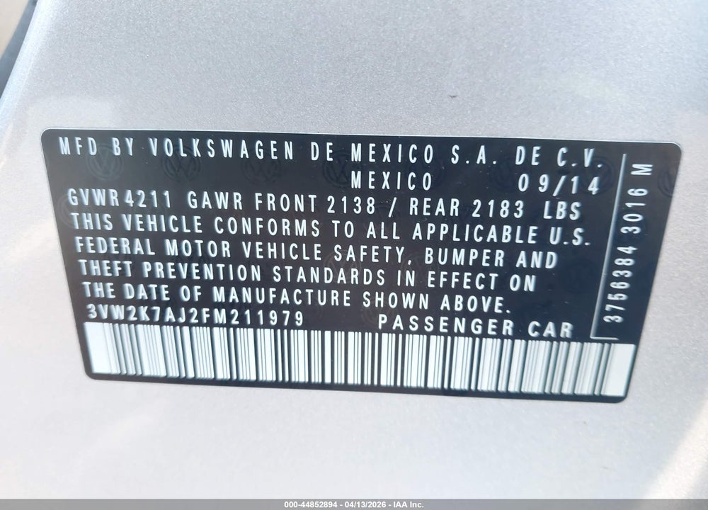 2015 VOLKSWAGEN JETTA 2.0L S VIN: 3VW2K7AJ2FM211979