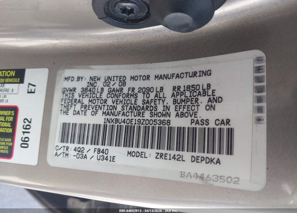 2009 TOYOTA COROLLA VIN: 1NXBU40E19Z005368