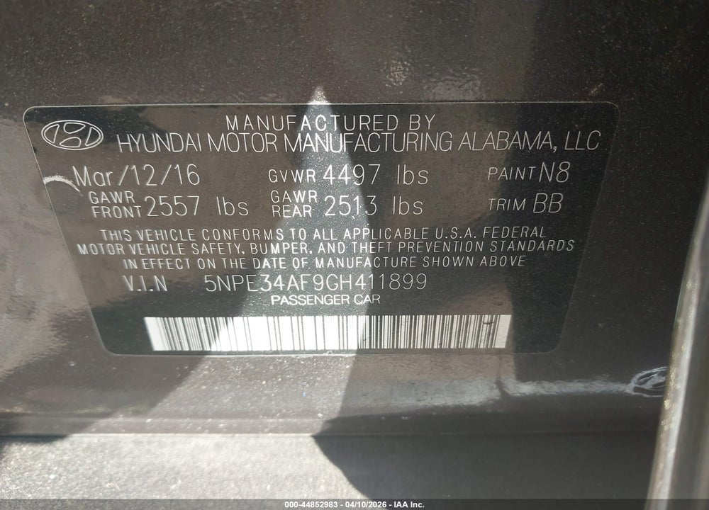 2016 HYUNDAI SONATA LIMITED VIN: 5NPE34AF9GH411899