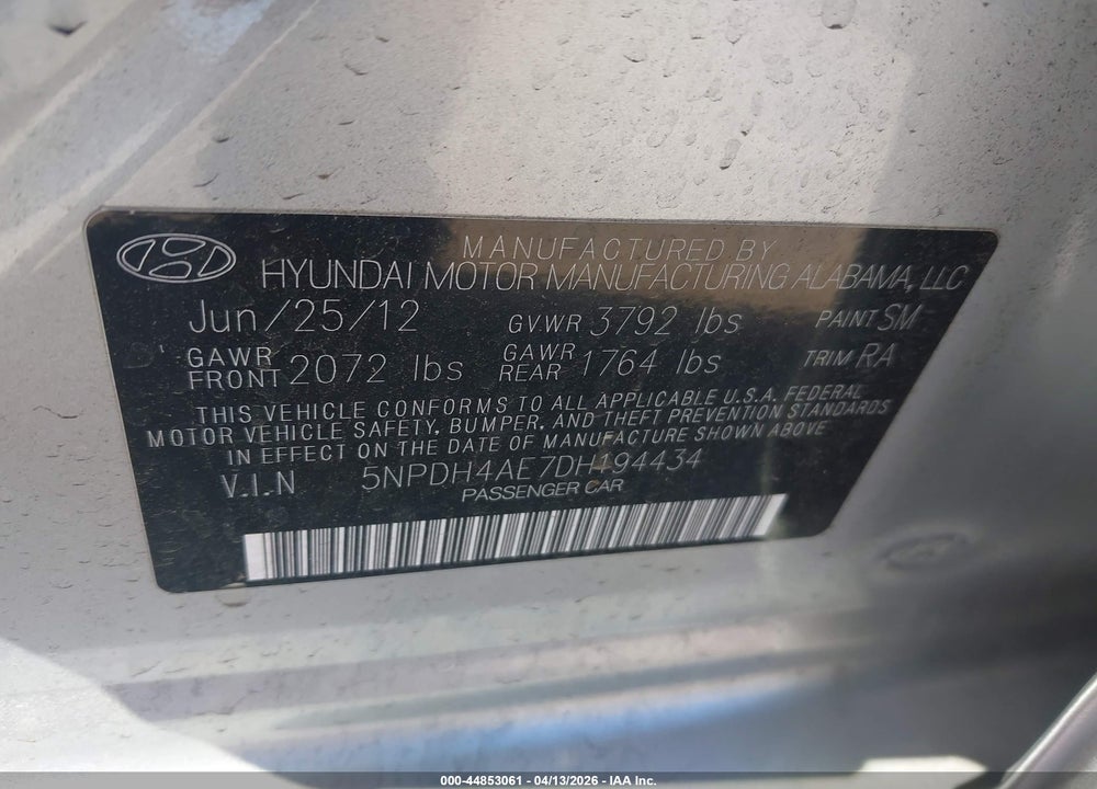 2013 HYUNDAI ELANTRA GLS/LIMITED VIN: 5NPDH4AE7DH194434