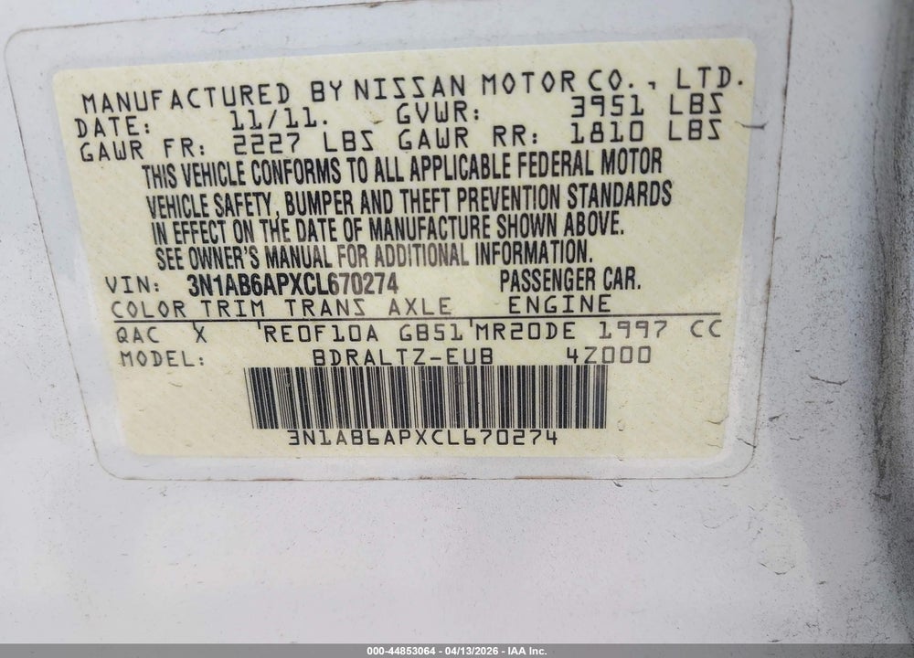 2012 NISSAN SENTRA 2.0 SR VIN: 3N1AB6APXCL670274
