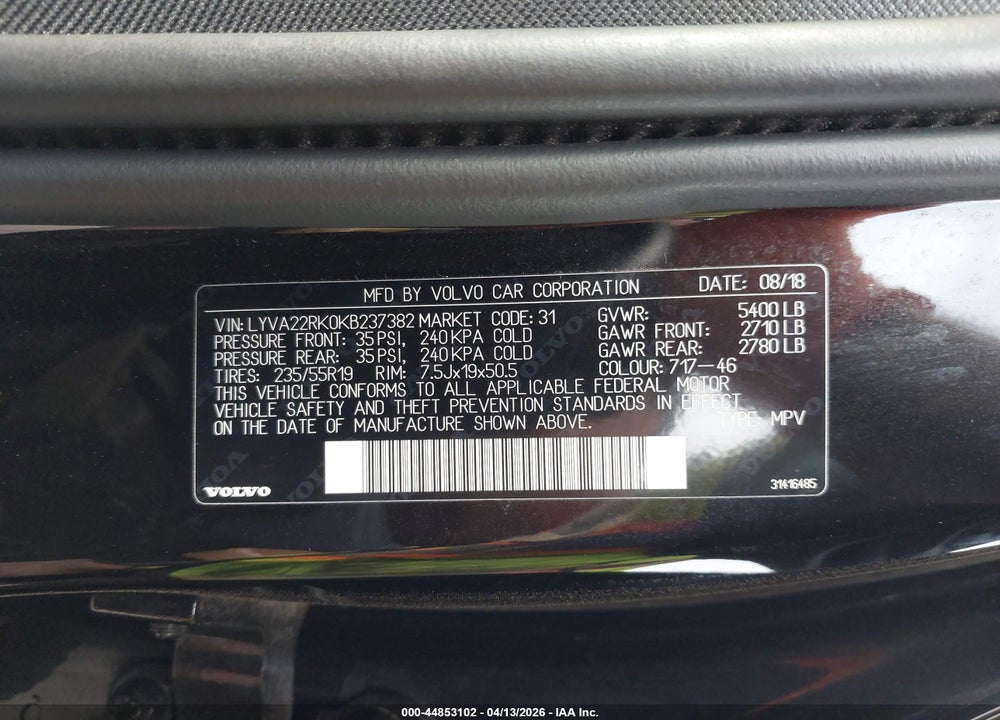 2019 VOLVO XC60 T6 MOMENTUM VIN: LYVA22RK0KB237382