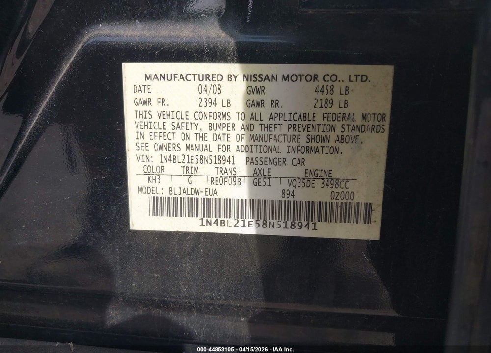 2008 NISSAN ALTIMA 3.5 SE VIN: 1N4BL21E58N518941