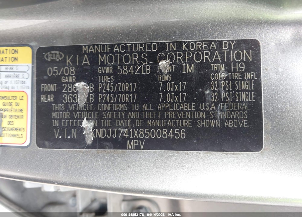 2009 KIA BORREGO EX V6 VIN: KNDJJ741X85008456