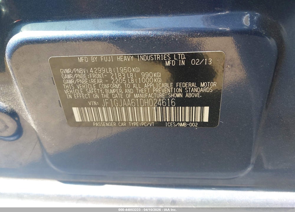 2013 SUBARU IMPREZA 2.0I VIN: JF1GJAA61DH024616