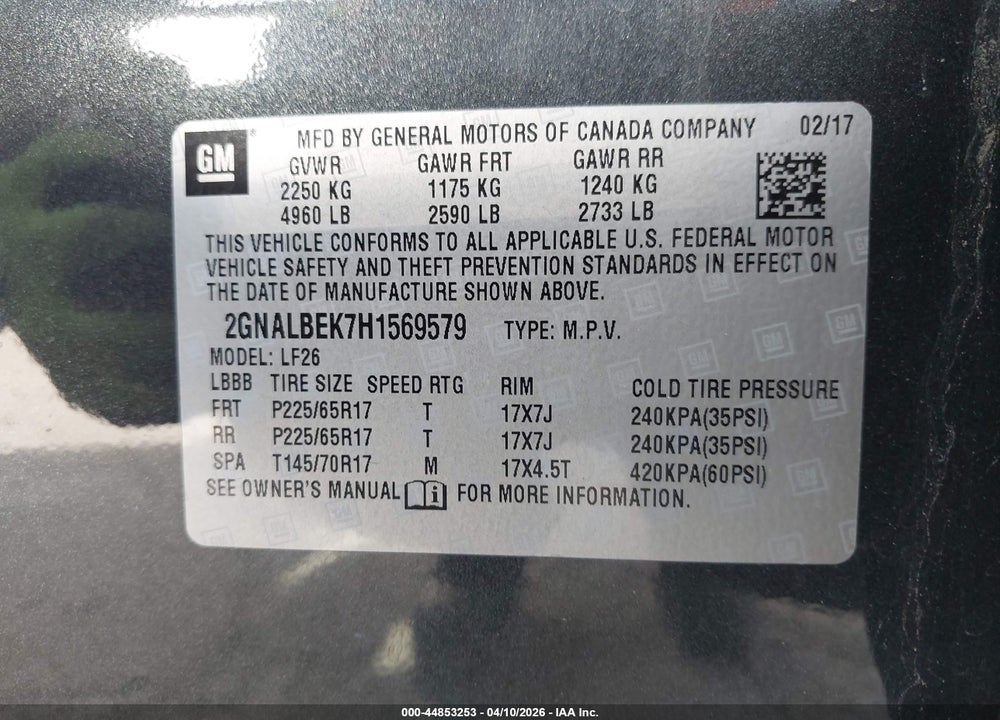 2017 CHEVROLET EQUINOX LS VIN: 2GNALBEK7H1569579