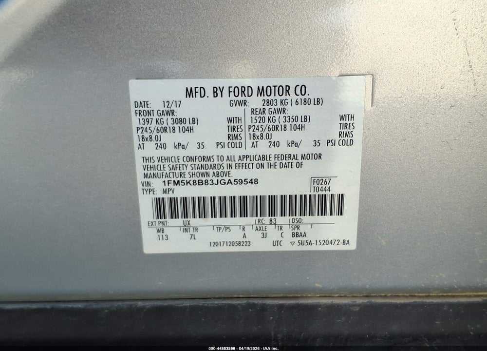 2018 FORD EXPLORER VIN: 1FM5K8B83JGA59548