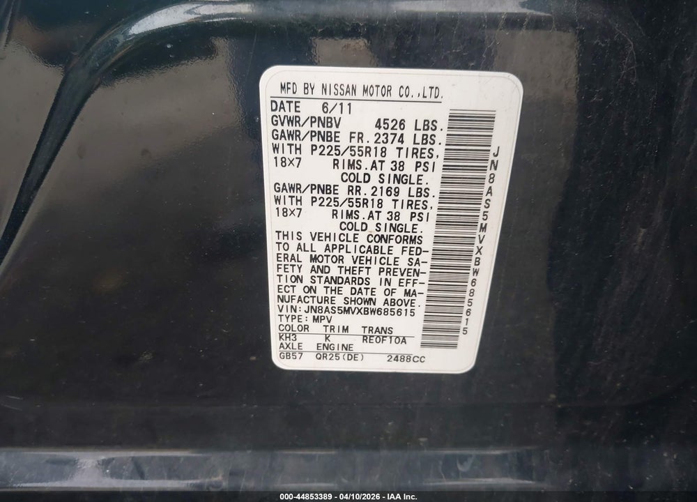 2011 NISSAN ROGUE SV VIN: JN8AS5MVXBW685615
