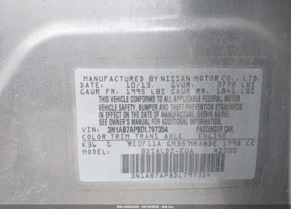 2013 NISSAN SENTRA SV VIN: 3N1AB7AP8DL797354