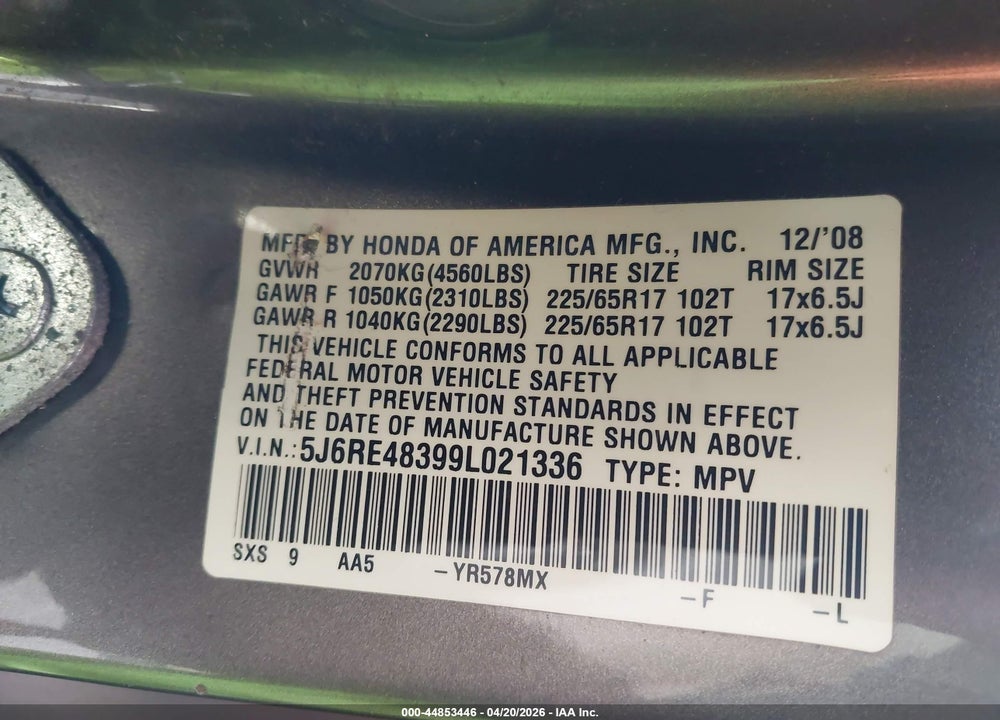 2009 HONDA CR-V LX VIN: 5J6RE48399L021336