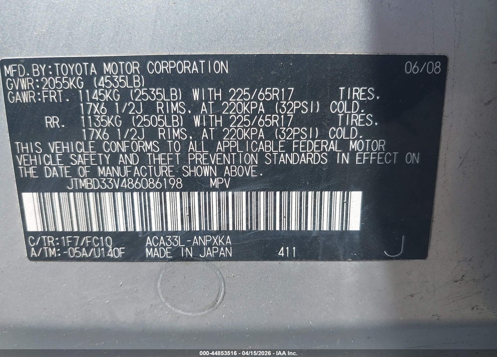 2008 TOYOTA RAV4 VIN: JTMBD33V486086198