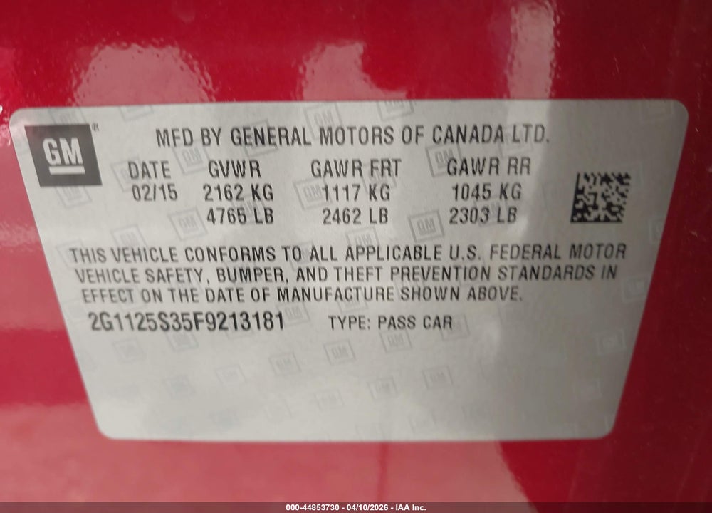 2015 CHEVROLET IMPALA 2LT VIN: 1G1125S35F9213181