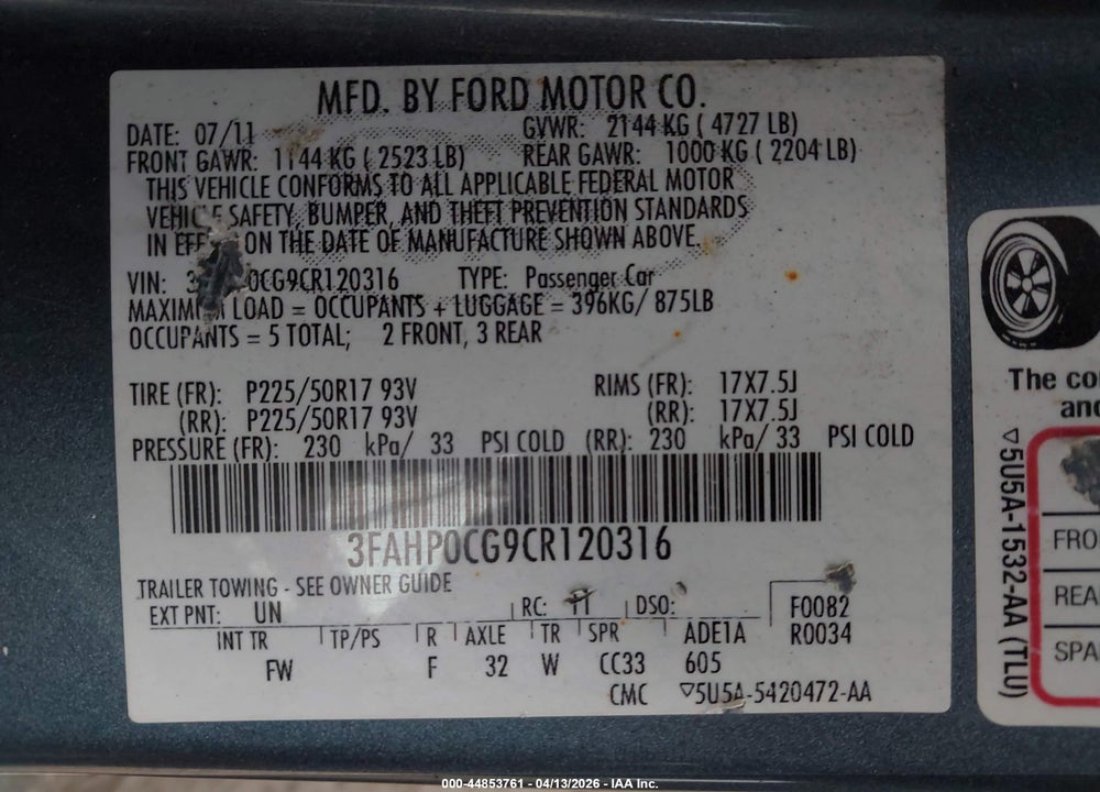 2012 FORD FUSION SEL VIN: 3FAHP0CG9CR120316