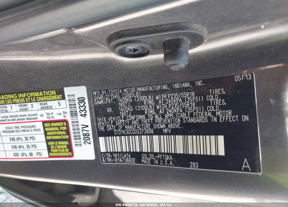 2013 TOYOTA SIENNA LIMITED V6 7 PASSENGER VIN: 5TDYK3DC0DS373898