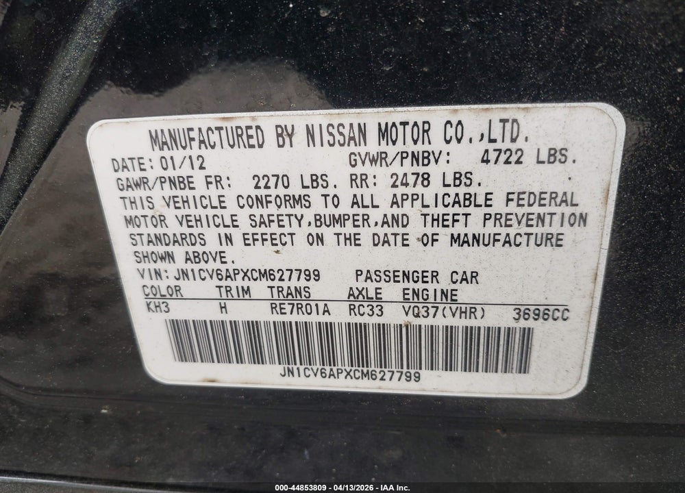 2012 INFINITI G37 JOURNEY VIN: JN1CV6APXCM627799