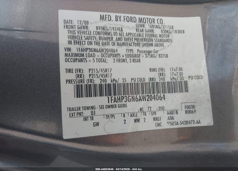 2010 FORD FOCUS SES VIN: 1FAHP3GN6AW204064