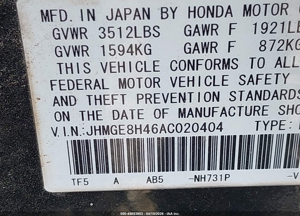 2010 HONDA FIT SPORT VIN: JHMGE8H46AC020404