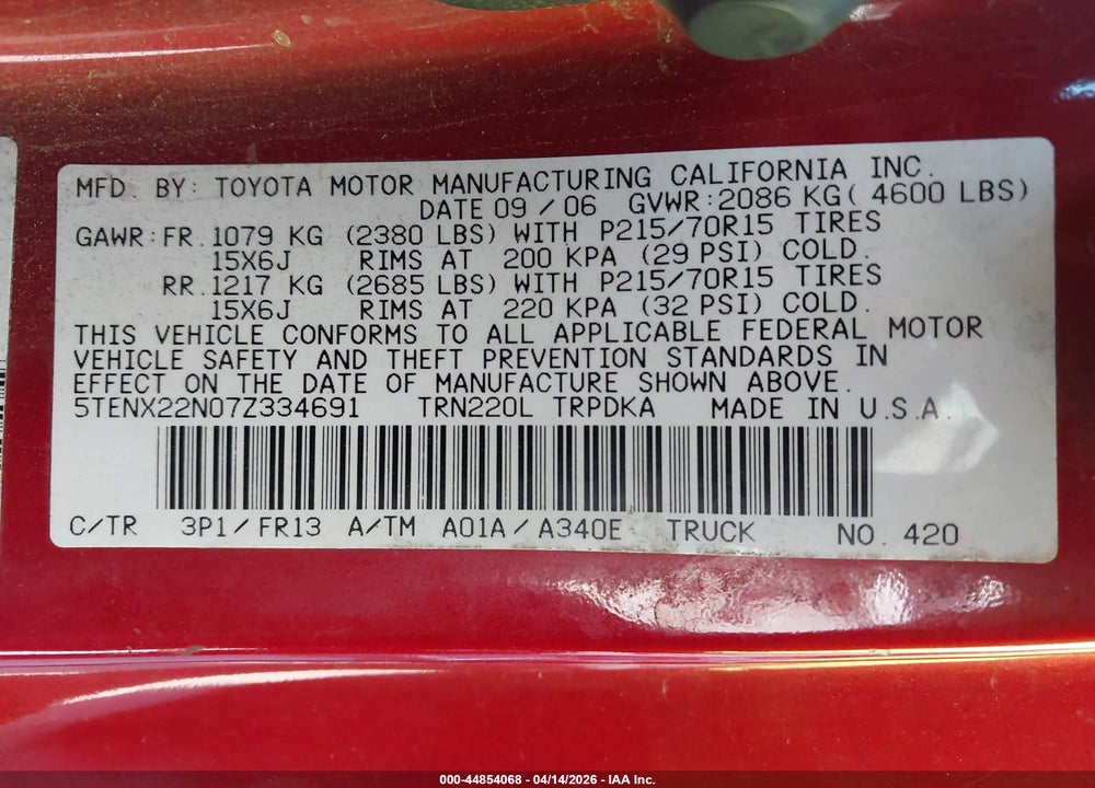 2007 TOYOTA TACOMA VIN: 5TENX22N07Z334691