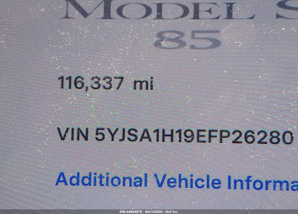 2014 TESLA MODEL S P85 VIN: 5YJSA1H19EFP26280